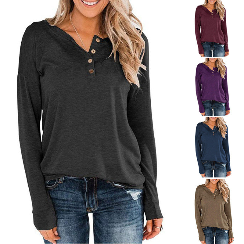 Damen modisches Langarm-Henley-Shirt mit Knopfleiste R&B