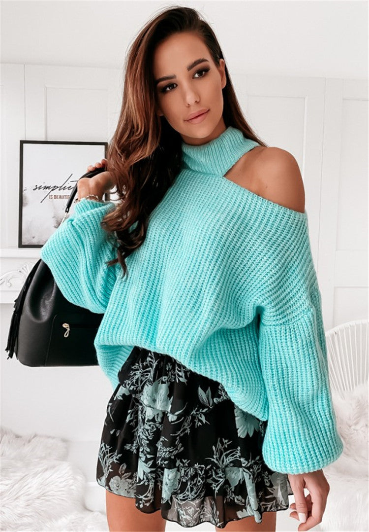 Damen lässiger Strickpullover mit asymmetrischem Schulterdesign und hohem Kragen R&B