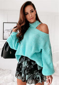 Damen lässiger Strickpullover mit offener Schulter und hohem Kragen R&B
