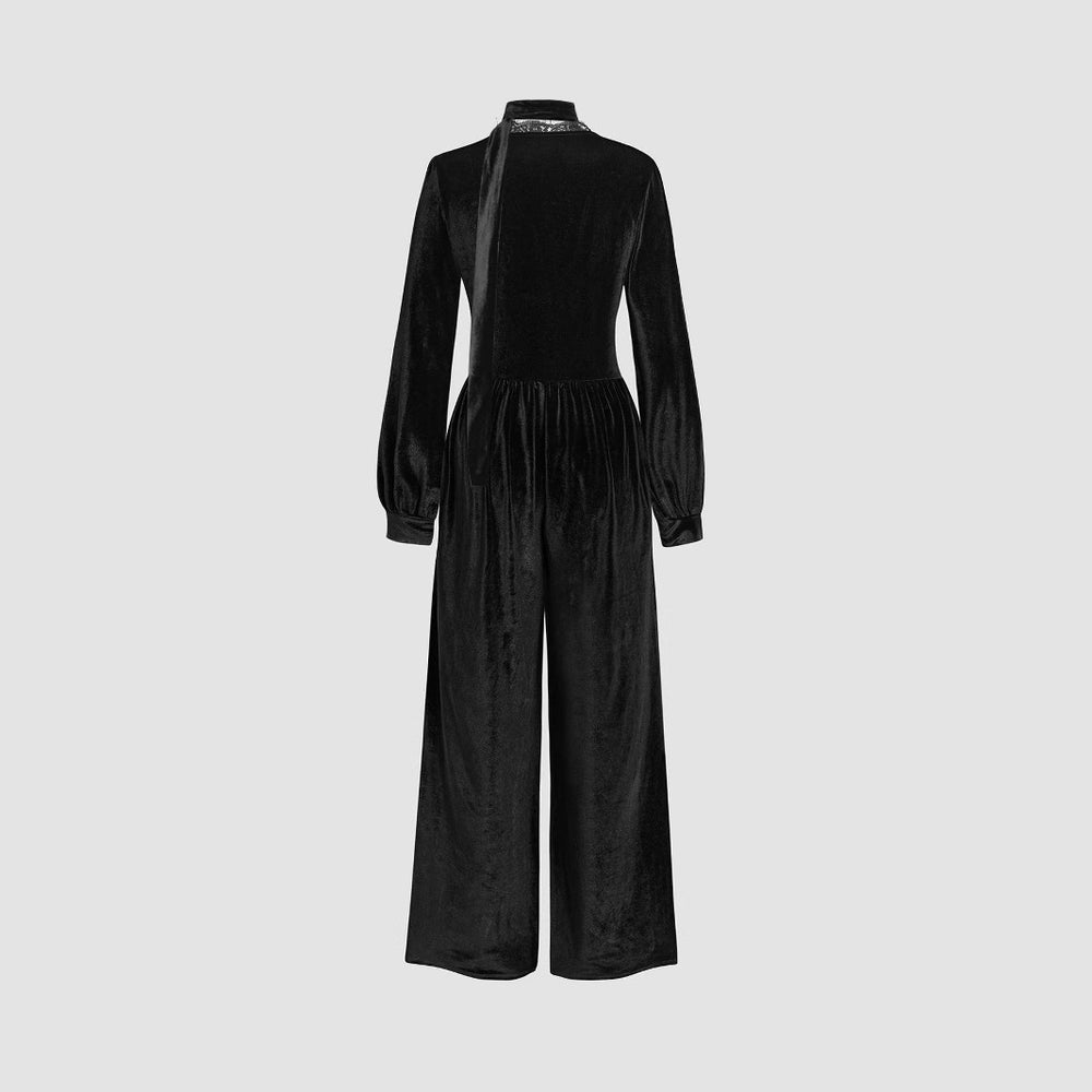 Damen eleganter Samt-Jumpsuit mit schickem Kragen und weitem Bein R&B