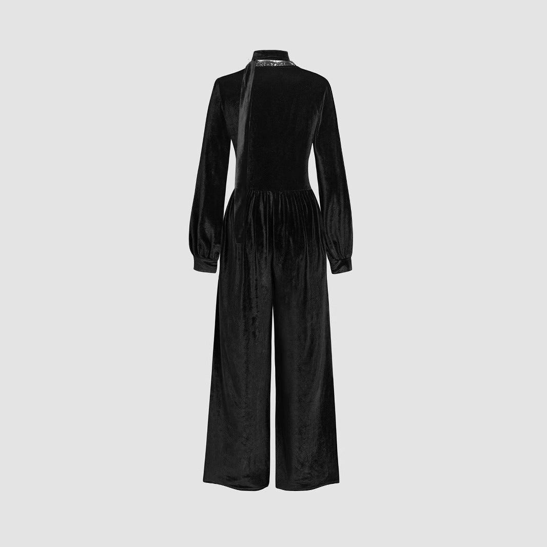 Damen eleganter Samt-Jumpsuit mit schickem Kragen und weitem Bein R&B