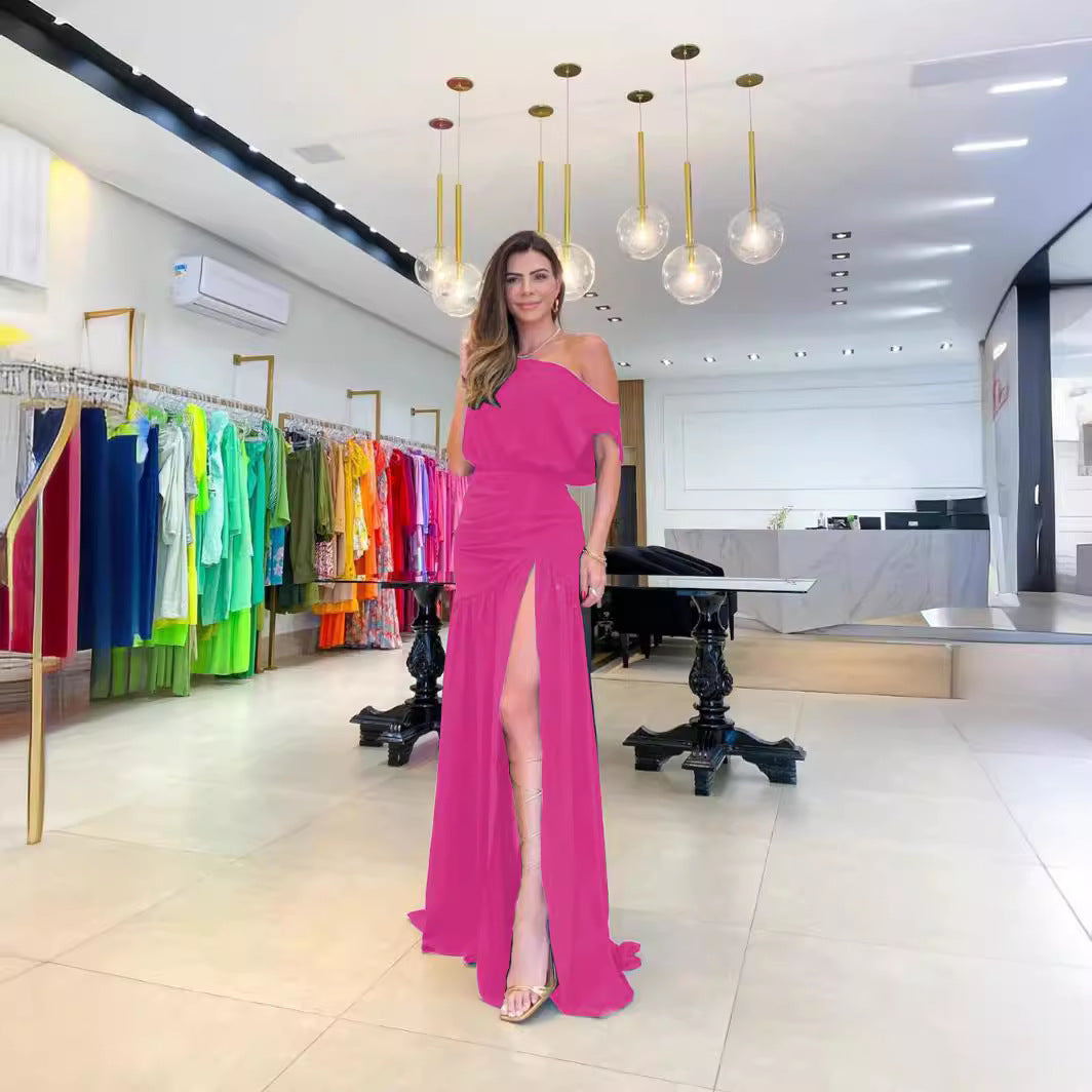 Damen Elegantes Abendkleid mit schulterfreiem Design und hohem Schlitz R&B