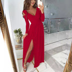 Damen elegantes und figurschmeichelndes Kleid mit langen Ärmeln und seitlichem Schlitz R&B