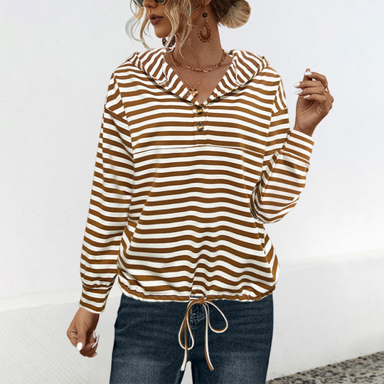 Damen lässiger Kapuzenpullover mit Streifenmuster und verstellbarem Tunnelzug R&B