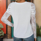 Damen V-Ausschnitt Bluse mit Spitzenärmeln