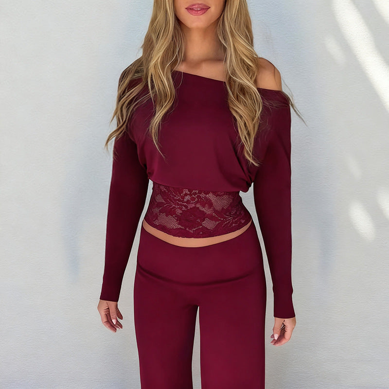 Damen elegantes Crop-Top mit Spitzenbesatz und langen Ärmeln R&B