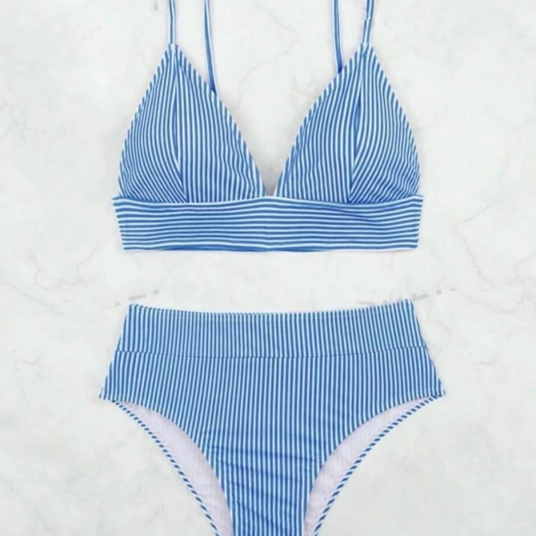 Damen Hochgeschnittener Bikini mit elegantem Streifenmuster R&B
