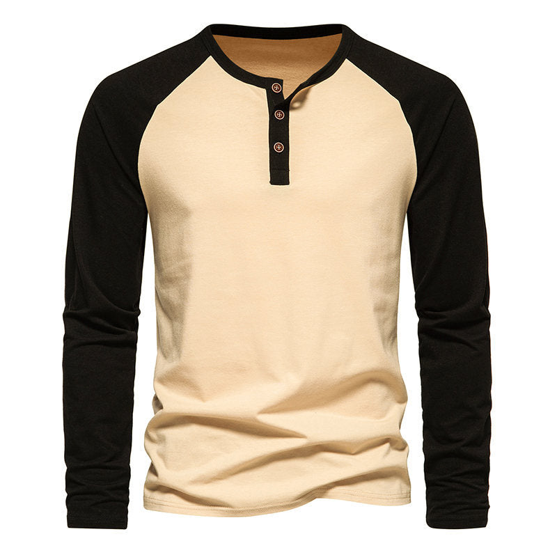 Herren Langarm-Henley-Shirt mit kontrastierenden Ärmel und modischem Knopfdesign R&B
