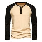 Herren Langarm-Henley-Shirt mit kontrastierenden Ärmel und modischem Knopfdesign