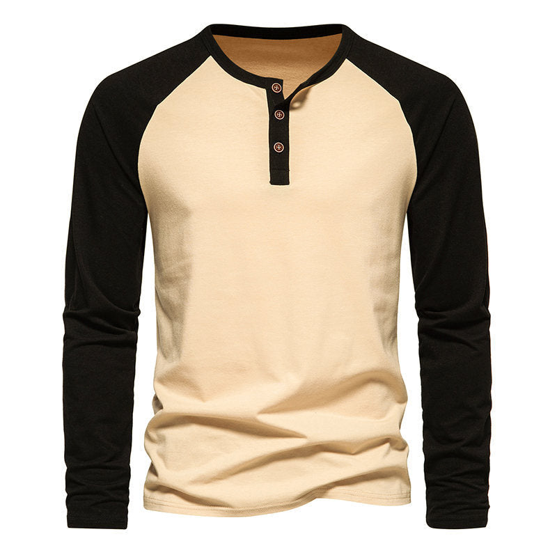 Herren Langarm-Henley-Shirt mit kontrastierenden Ärmel und modischem Knopfdesign