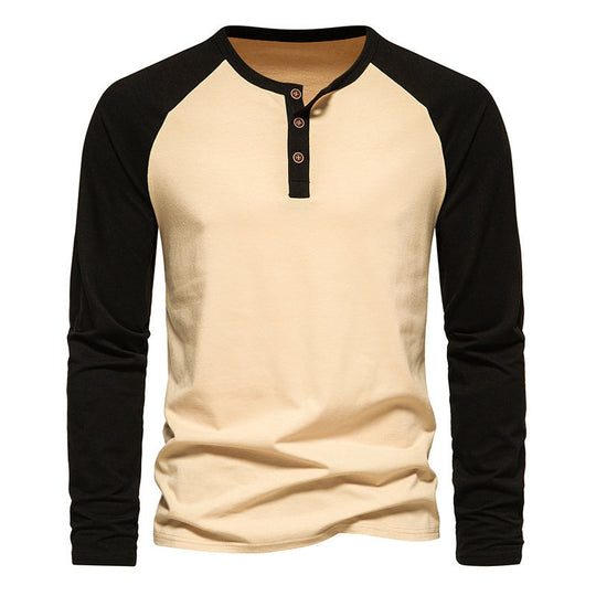 Herren Langarm-Henley-Shirt mit kontrastierenden Ärmel und modischem Knopfdesign R&B