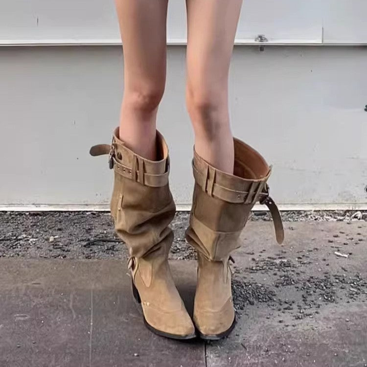 Damen kniehohe Stiefel mit robustem Absatz und stylishen Riemendetails R&B