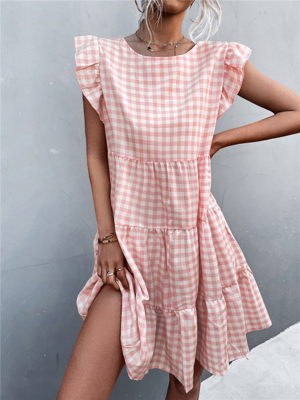 Damen Viskosekleid mit Rüschendetails und kariertem Design R&B
