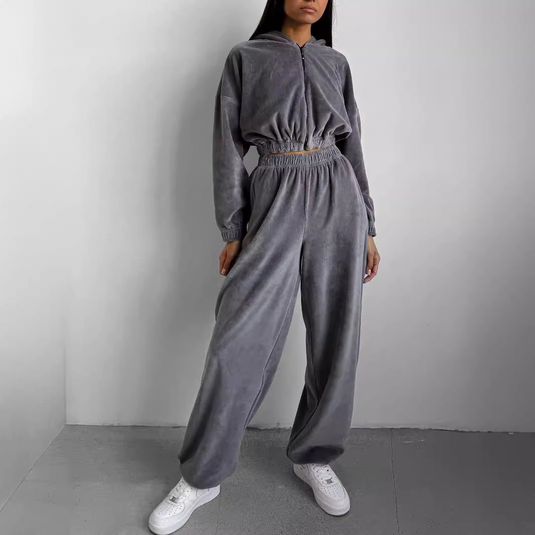 Damen Sportliches Fleece-Set mit hochschließendem Reißverschluss und elastischem Bund R&B