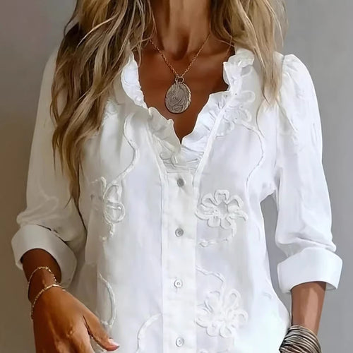 Damen elegante Bluse mit floralen Stickereien und voluminösen Ärmeln R&B