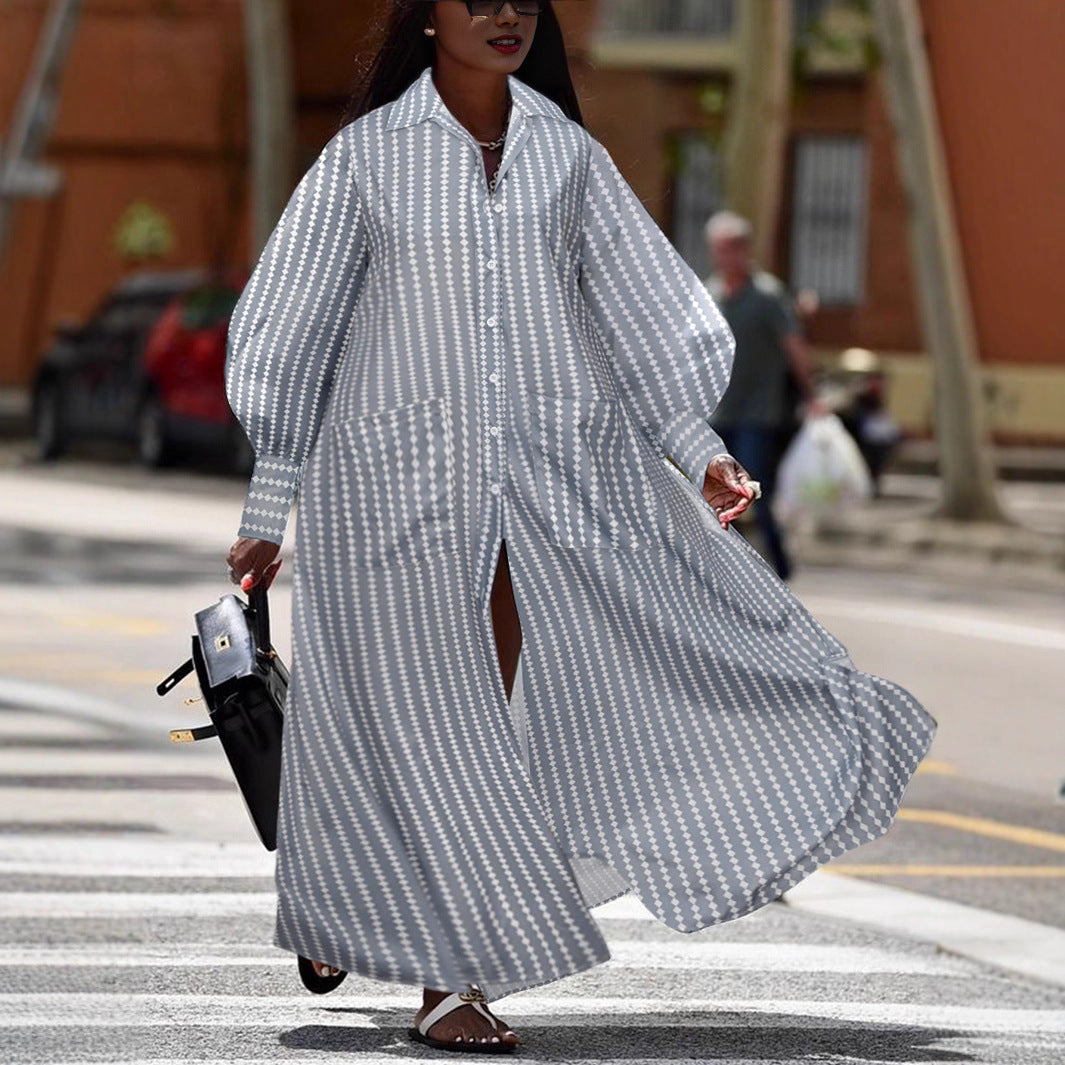 Damen Maxikleid mit eleganter Knopfleiste und modischen Puffärmeln R&B
