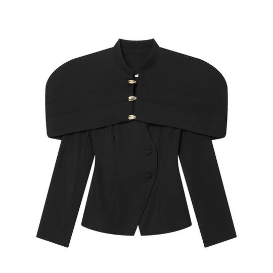 Damen elegante Blazerjacke mit übergroßen Schulterklappen und goldenen Knopfdetails R&B