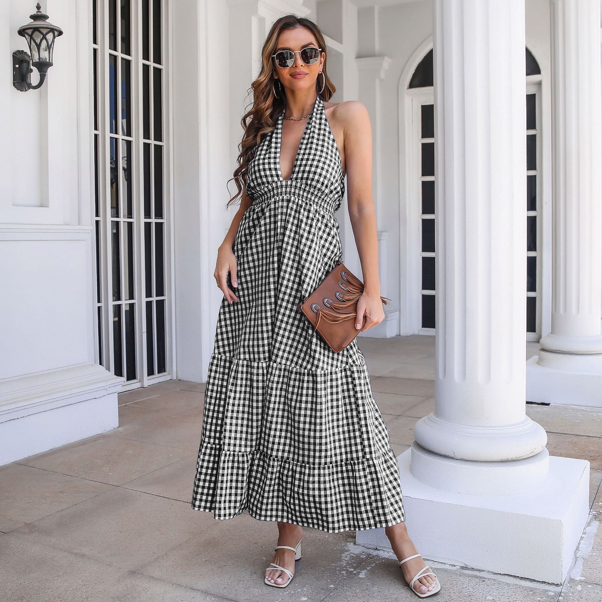 Damen Maxikleid mit V-Ausschnitt und Volants R&B