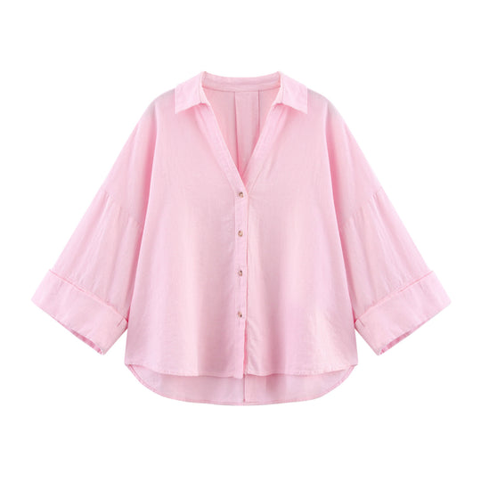 Damen lässige Bluse mit voluminösen Ärmeln und durchgehender Knopfleiste R&B