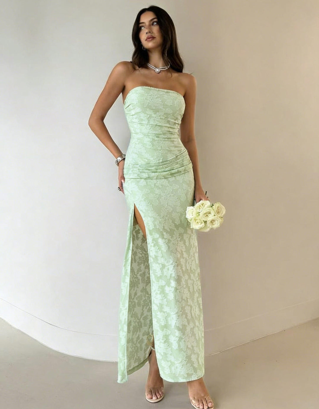 Damen Elegantes Maxikleid mit floralem Design und hoher Teilung R&B