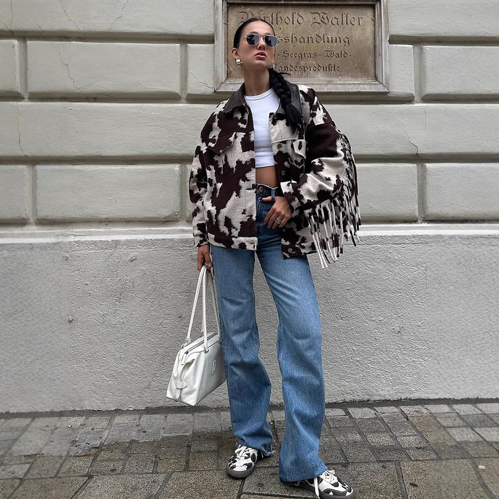 Damen Oversized Fransenjacke mit Kuhmuster R&B