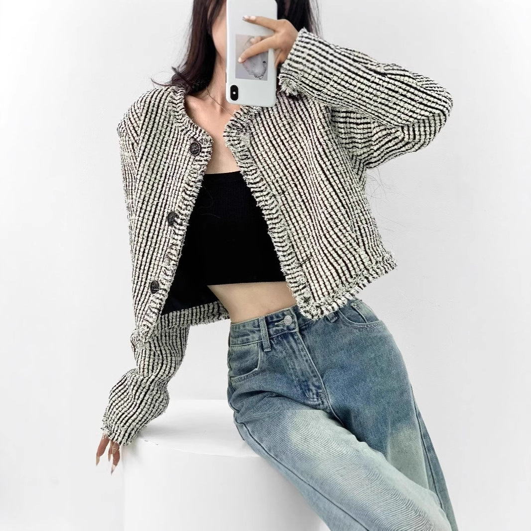 Damen trendige Bouclé-Jacke mit dekorativen Knöpfen und lässigem Schnitt R&B