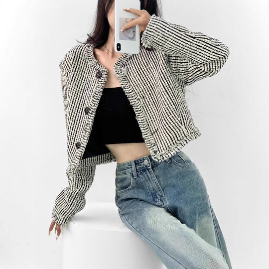 Damen trendige Bouclé-Jacke mit dekorativen Knöpfen und lässigem Schnitt R&B