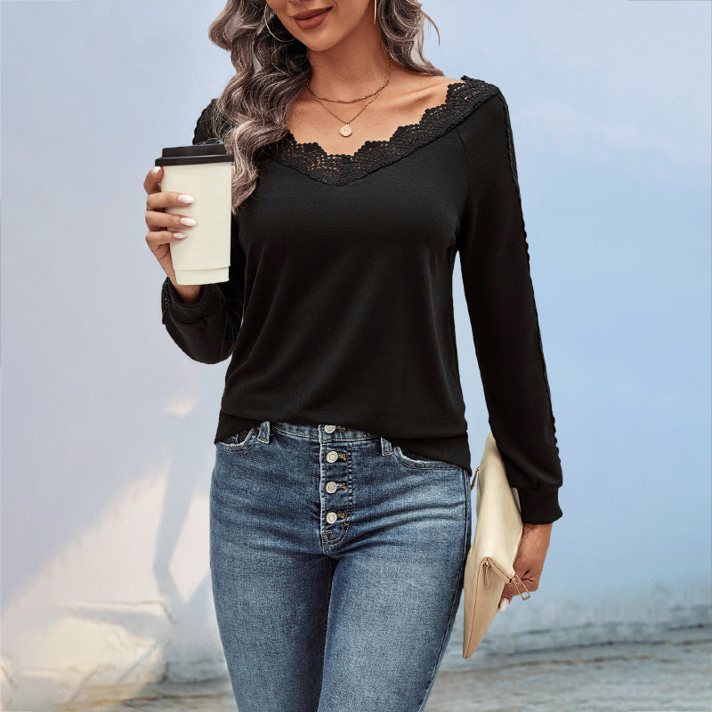 Damen Elegantes Oberteil mit Spitzendetails und Rundhalsausschnitt R&B