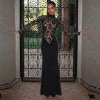 Damen Elegantes Maxikleid mit transparentem Spitzenoberteil und figurbetontem Schnitt R&B