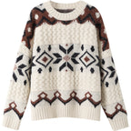 Damen Grobstrickpullover mit geometrischem Muster und Rundhalsausschnitt R&B