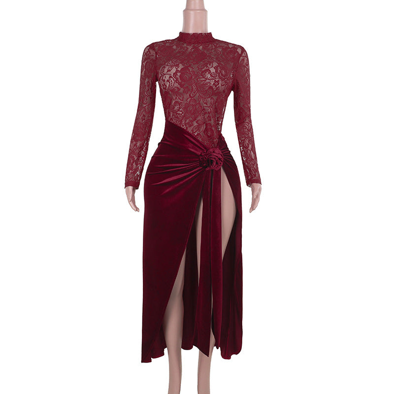 Damen Elegantes Maxi-Kleid mit Spitze und raffiniertem Taillengürtel R&B