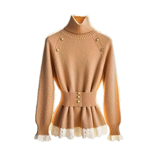 Damen eleganter Strickpullover mit hochgeschlossenem Kragen und dekorativen Knopfdetails R&B