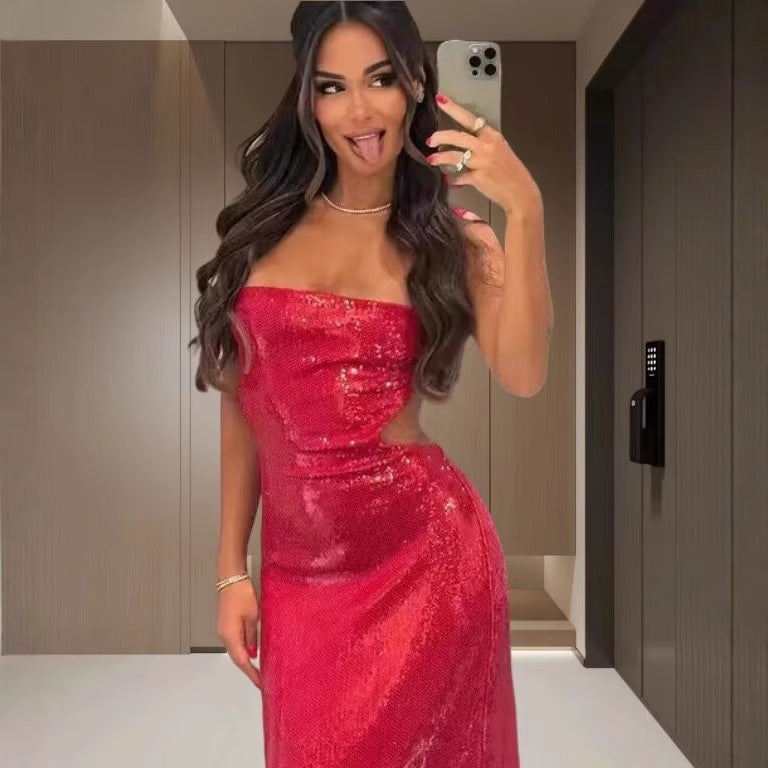 Damen Maxikleid mit glitzernden Pailletten und elegantem Schnitt R&B