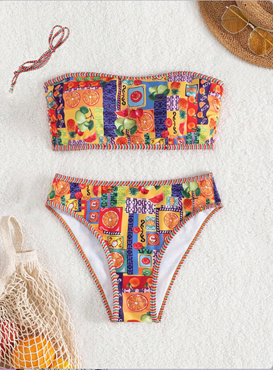 Damen Bandeau-Bikini mit buntem Obstmotiv R&B