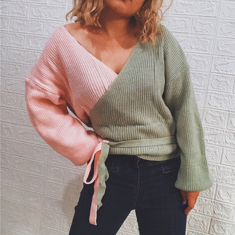 Damen Wickelpullover mit elegantem Rippdesign und modischen BindR&Bändern R&B