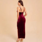 Damen Elegantes Samtmaxikleid mit anpassbarem Schlitz und raffinierter Raffung R&B