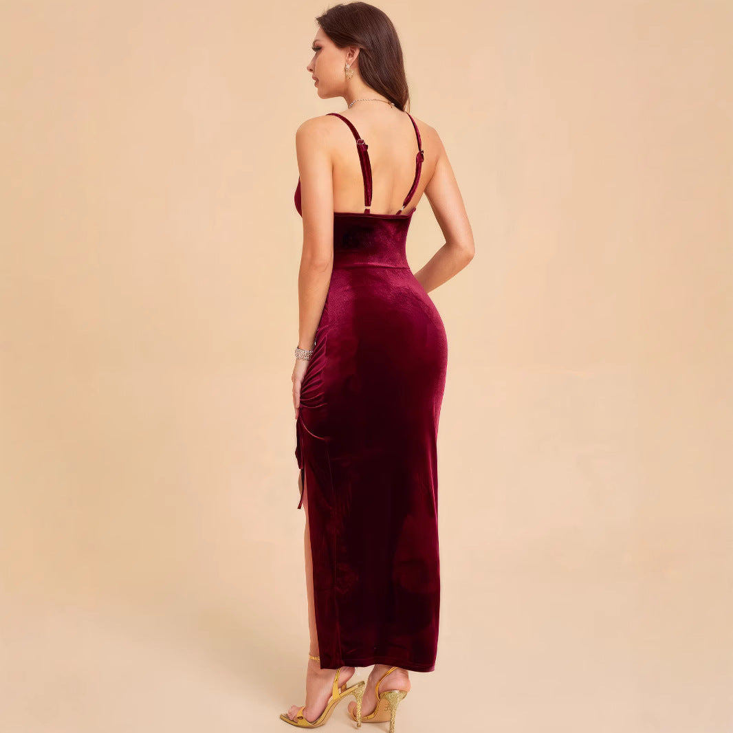 Damen Elegantes Samtmaxikleid mit anpassbarem Schlitz und raffinierter Raffung R&B