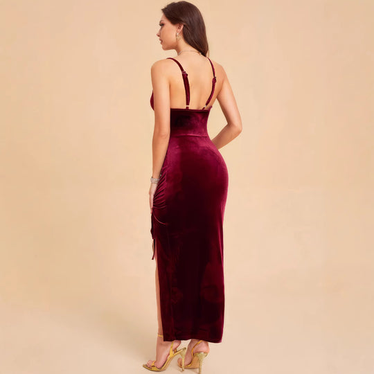Damen Elegantes Samtmaxikleid mit anpassbarem Schlitz und raffinierter Raffung R&B