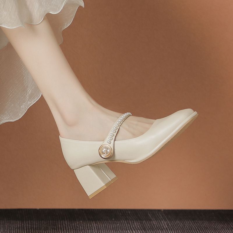 Damen Mary Jane Pumps mit elegantem Perlenschmuck und Blockabsatz R&B