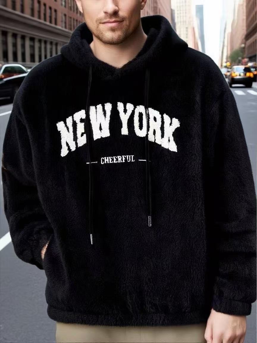 Herren nan kuscheliger Fleece-Hoodie mit Relief-Logo, Kordelzug und Kängurutasche R&B
