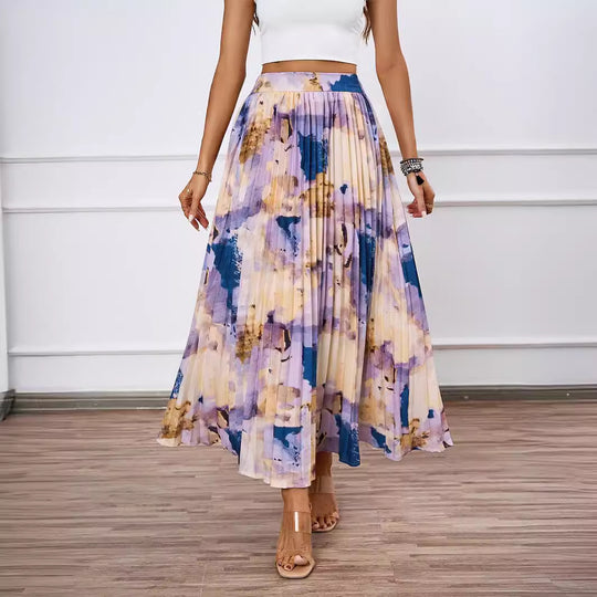 Damen Plissee-Rock mit farbenfrohem Aquarell-Muster und eleganter Taille R&B