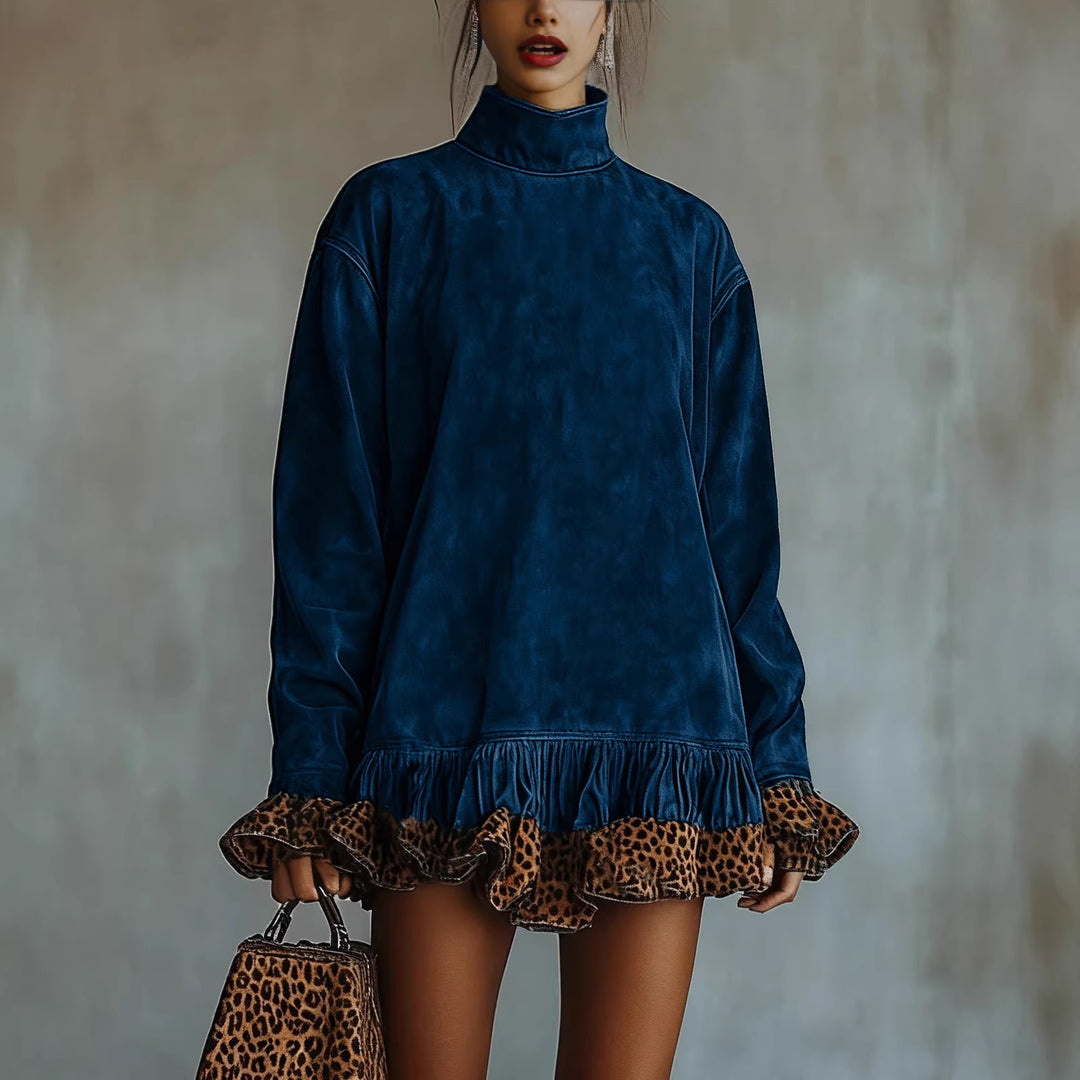 Damen Oversized Sweatkleid mit Leopardenrüsche R&B