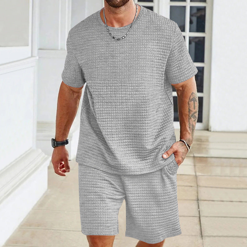 Herren nan Waffelstruktur Wohn- und Freizeit-Set mit weit geschnittenem Kurzarmshirt und kurzer Hose mit elastischem Bund R&B
