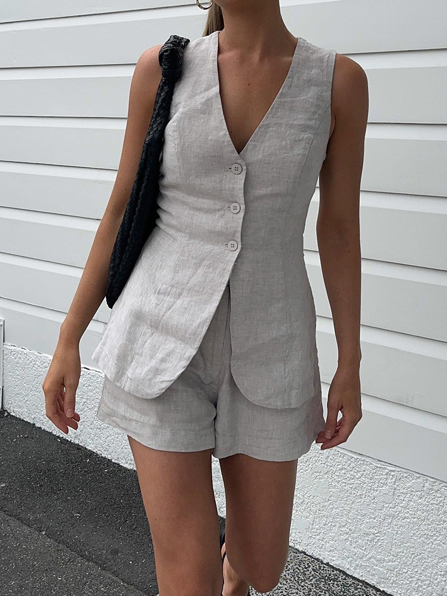 Damen Elegante Leinenbluse mit Shorts-Set R&B