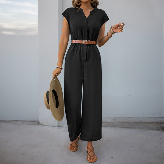 Damen eleganter Jumpsuit mit weitem Bein und taillierbarem Gürtel R&B