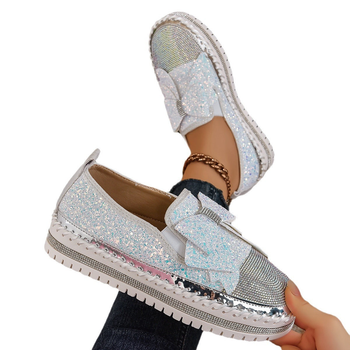 Damen Glitzernde Slip-On Sneakers mit funkelndem Schleifendesign und rutschfester Sohle R&B