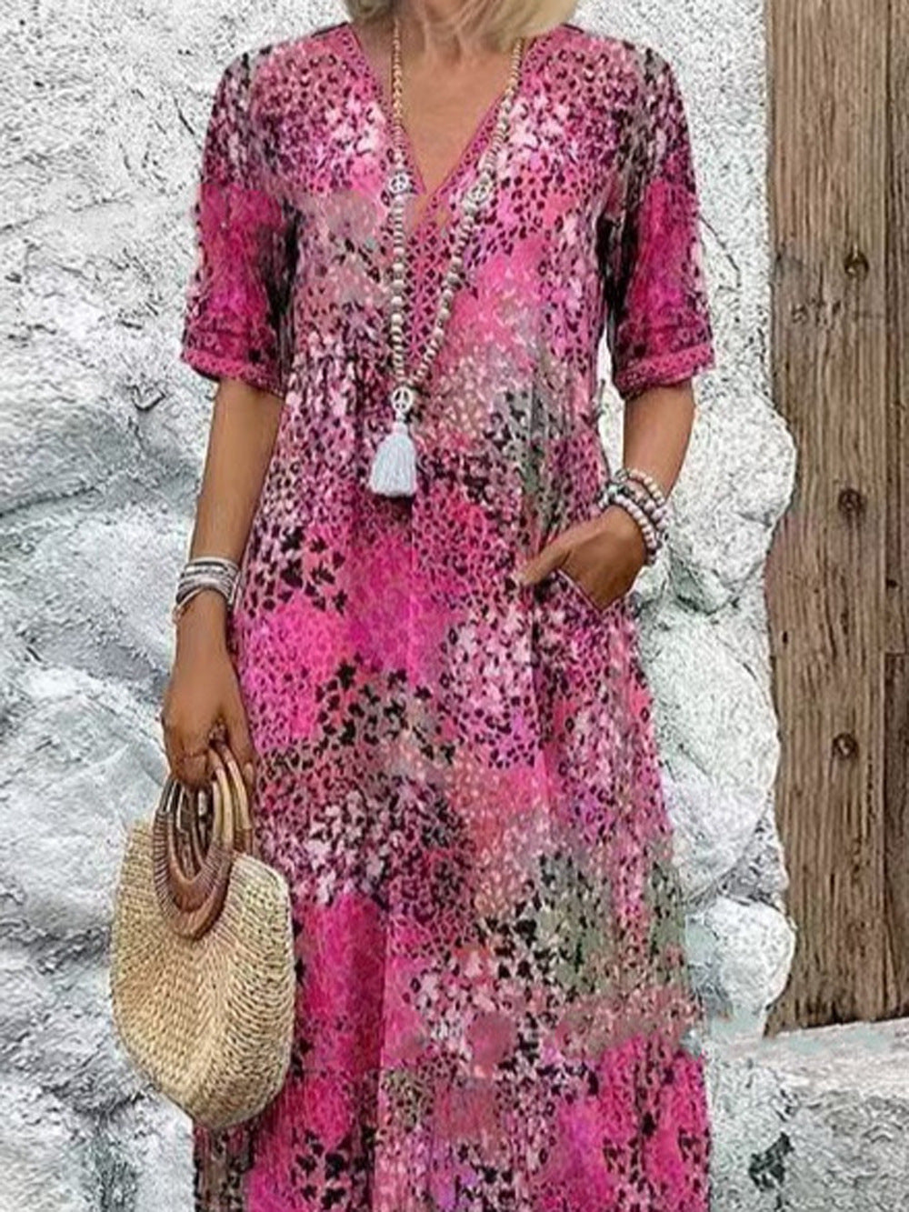 Damen Maxikleid mit V-Ausschnitt und praktischen Seitentaschen R&B