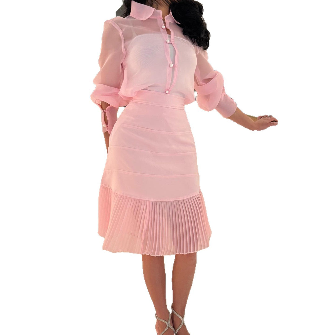 Damen Blusenkleid mit transparenten Ärmeln und Plissee-Rock R&B