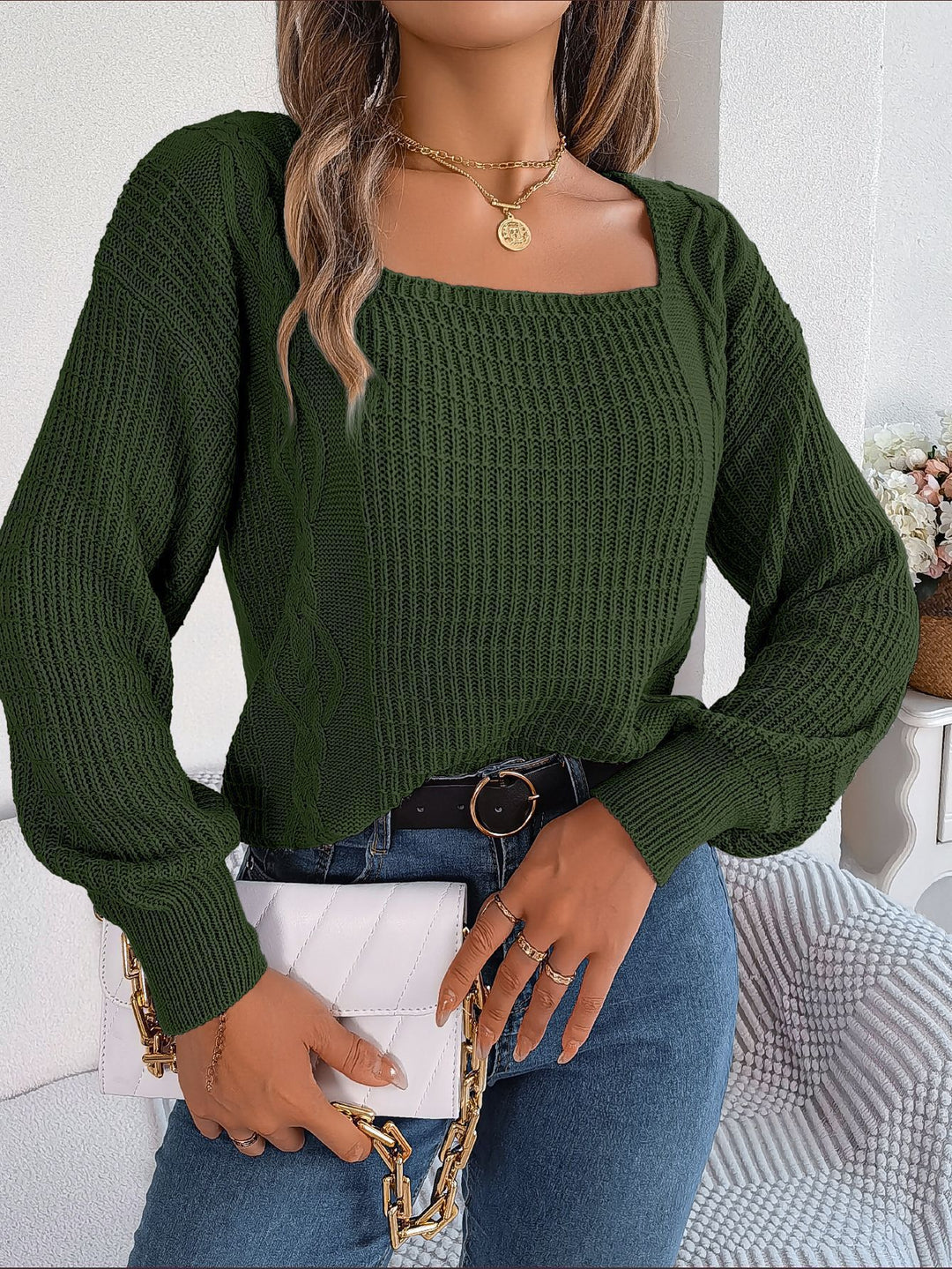 Damen Grobstrickpullover mit quadratischem Ausschnitt und voluminösen Ärmeln R&B