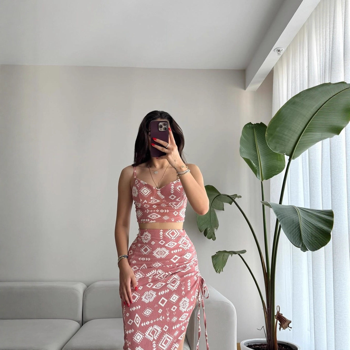 Damen Set aus Crop-Top und Knielangem Rock mit Raffungen R&B
